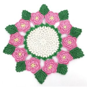 Vintage Handmade Crochet Doily 9" Pink Roses Green Leaves 3D Floral